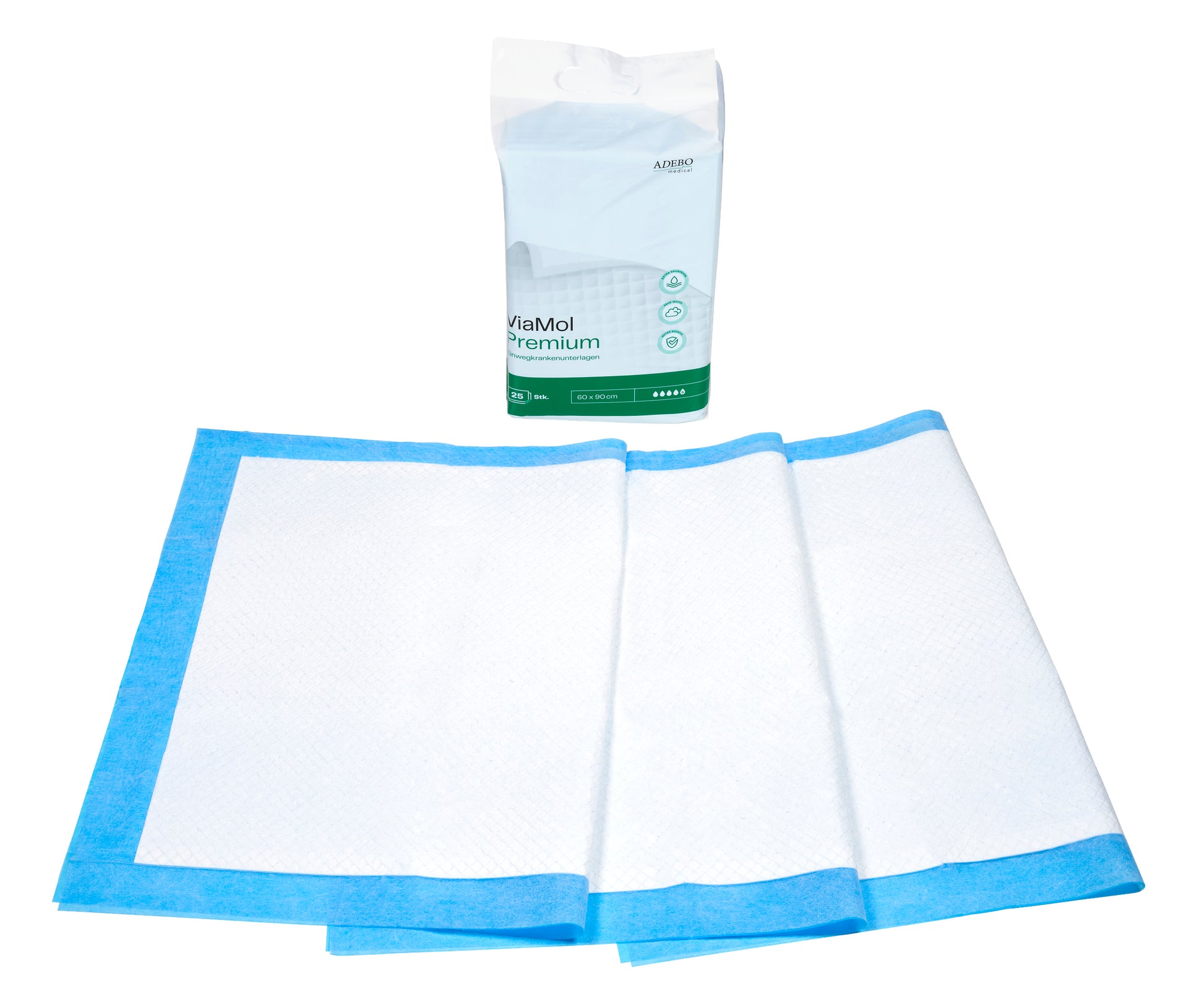 ViaMol Premium Bettschutzeinlagen, ausgebreitet mit blauer Umrandung und Verpackung im Hintergrund.