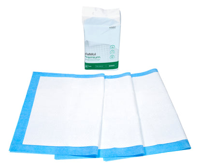 ViaMol Premium Bettschutzeinlagen, ausgebreitet mit blauer Umrandung und Verpackung im Hintergrund.