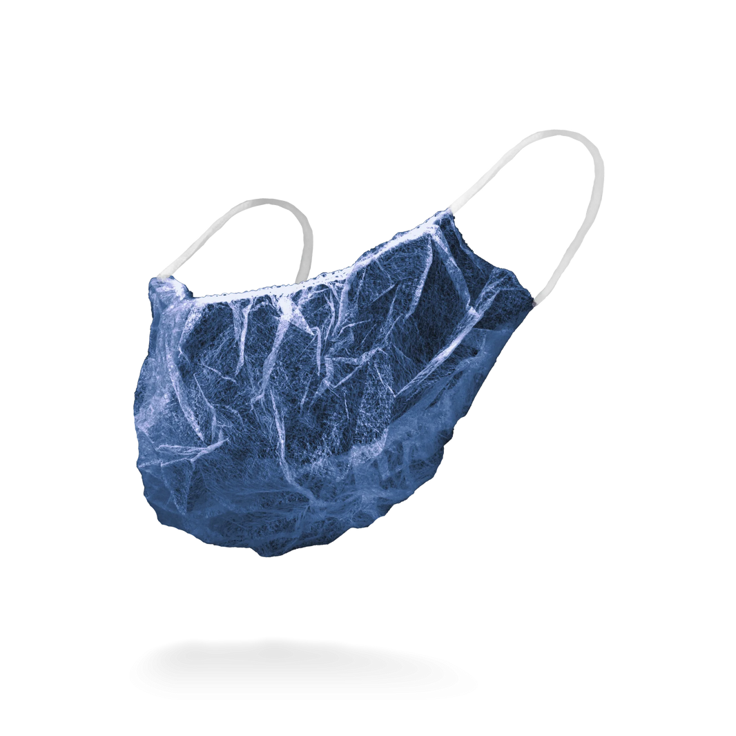 Blaues Einweg-Bartschutzmaske mit latexfreien Ohrschlaufen.