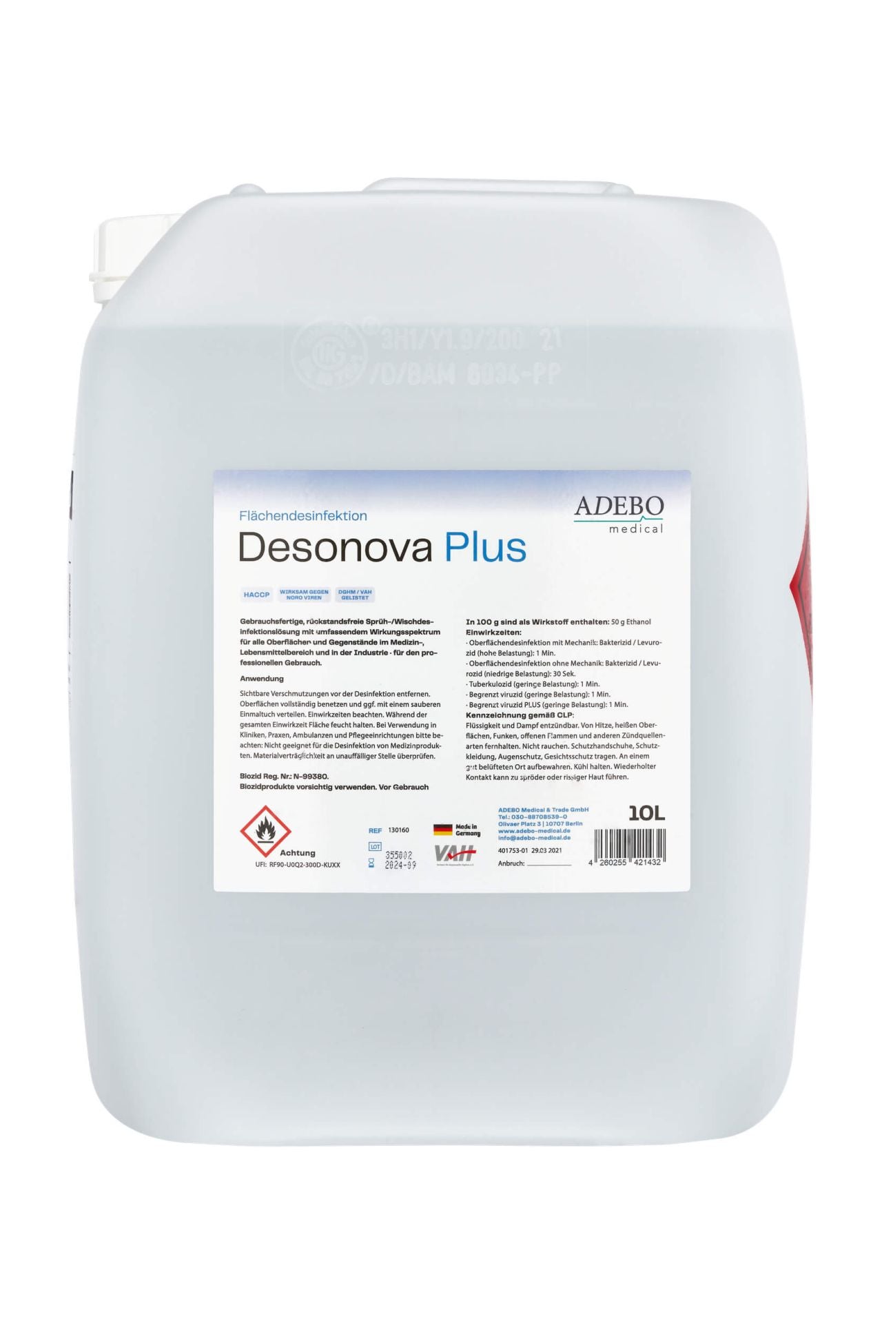 10L Kanister Desonova Plus Flächendesinfektionsmittel mit Etikett und Warnhinweise.