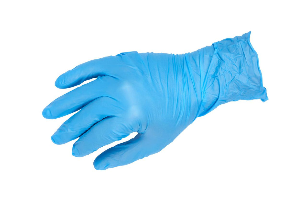 Blauer Nitrilhandschuh mit langem Schaft, Größe M, für medizinischen Gebrauch.