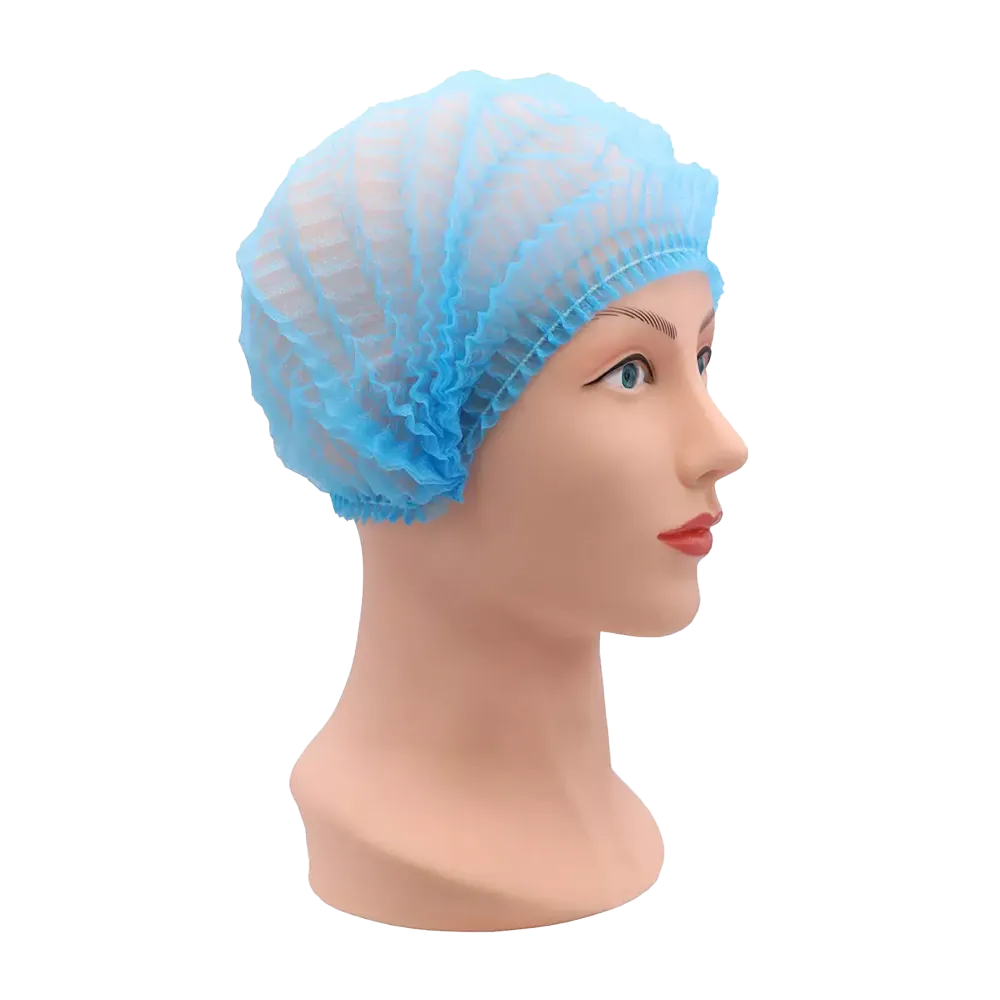 Leichte blaue PP Klipphaube aus Polypropylen-Spinnvlies auf Modellkopf.