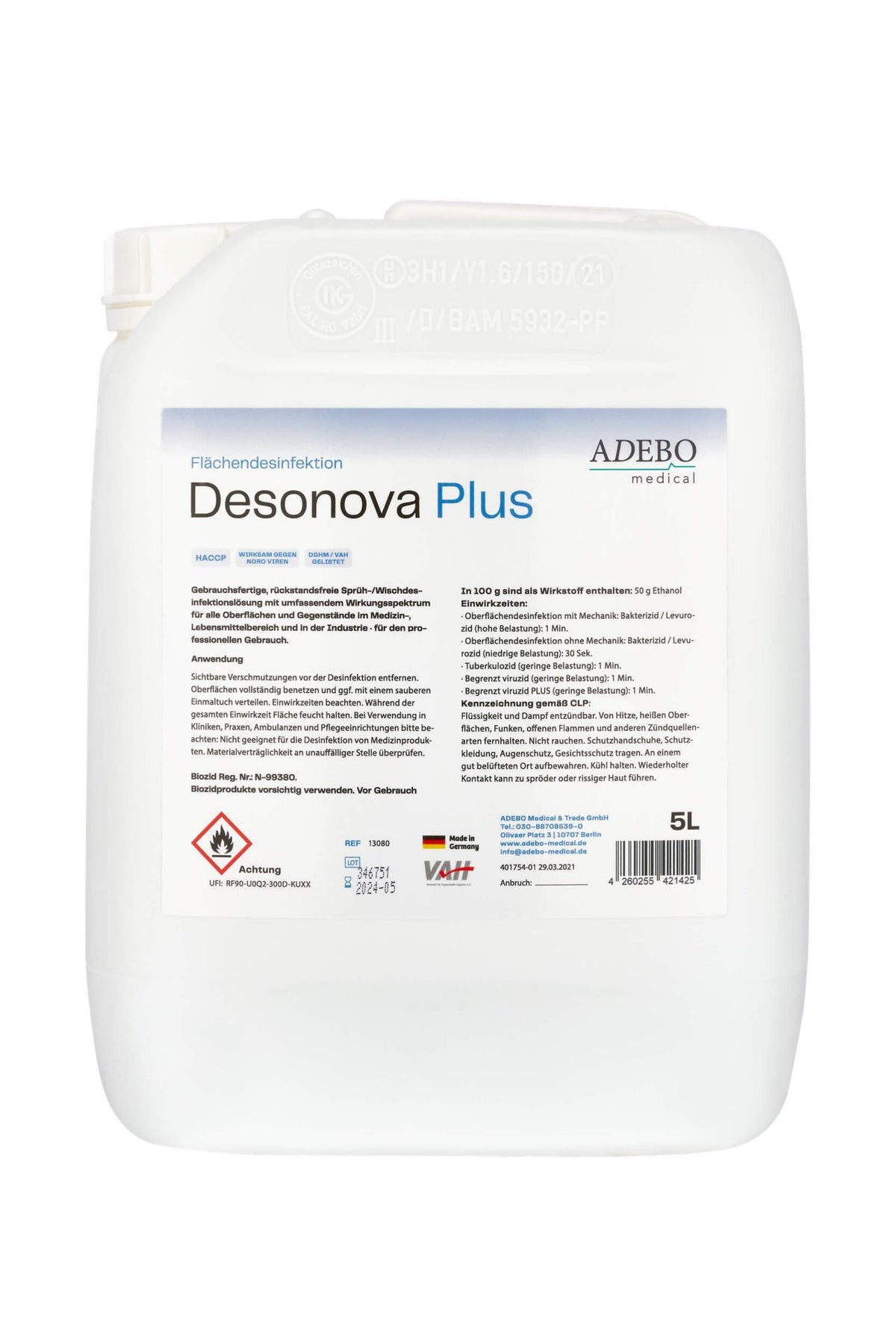 Desonova Plus Flächendesinfektionsmittel, 10L Kanister mit Produktetikett.