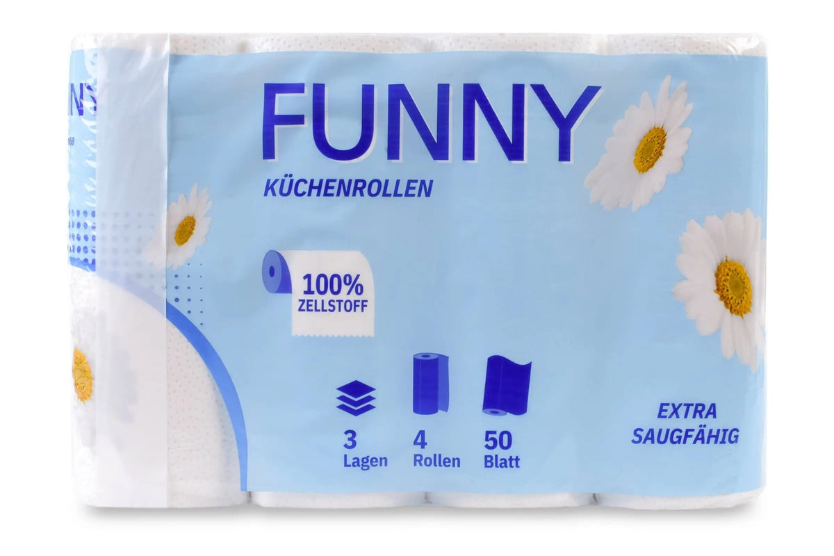 Viererpack hochweiße 3-lagige Küchenrollen der Marke Funny mit Blümchenmotiv.