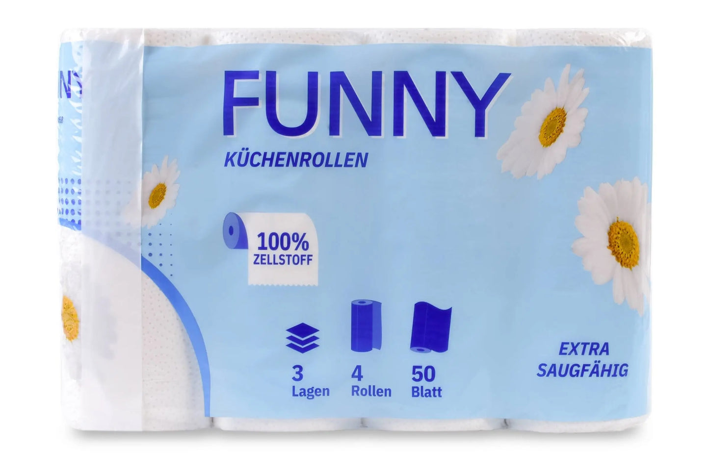 Viererpack hochweiße 3-lagige Küchenrollen der Marke Funny mit Blümchenmotiv.
