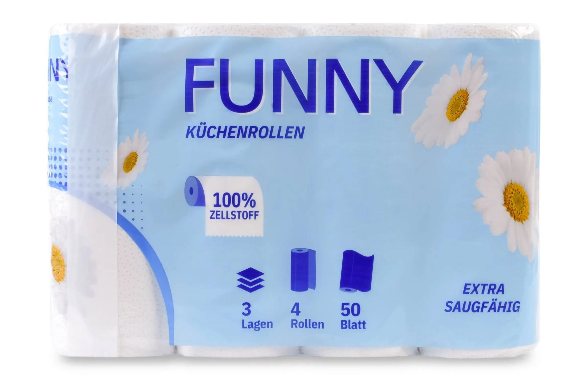 Viererpack hochweiße 3-lagige Küchenrollen der Marke Funny mit Blümchenmotiv.
