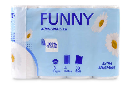 Viererpack hochweiße 3-lagige Küchenrollen der Marke Funny mit Blümchenmotiv.
