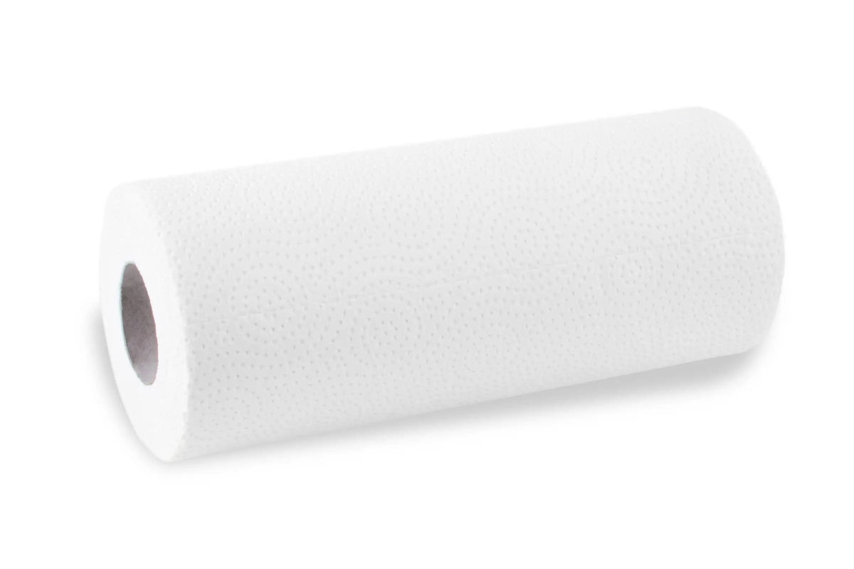 Hochweiße 3-lagige Küchenrolle mit Strukturprägung, Nahaufnahme.