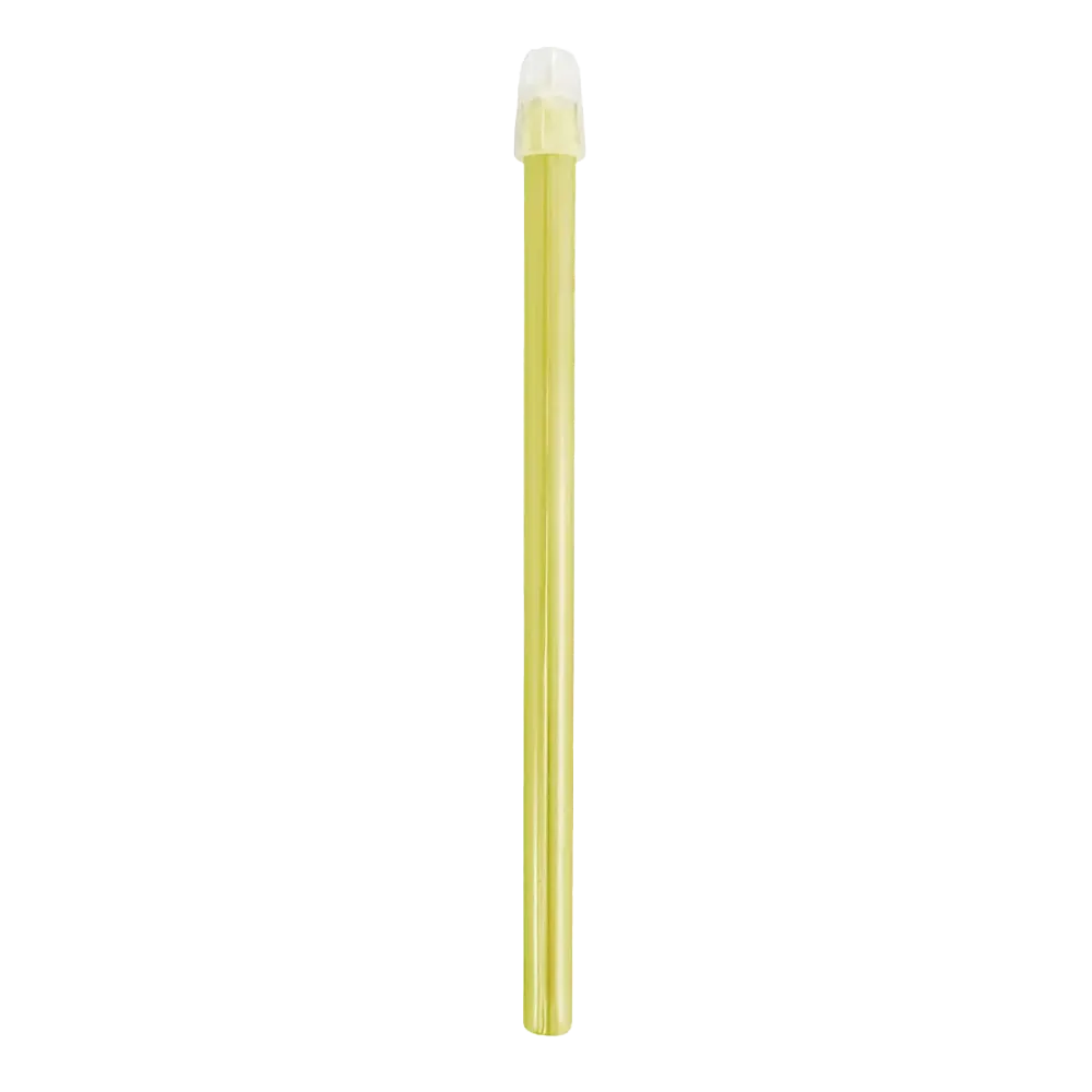 Gelber Speichelsauger mit abnehmbarem Filter auf weißem Hintergrund.