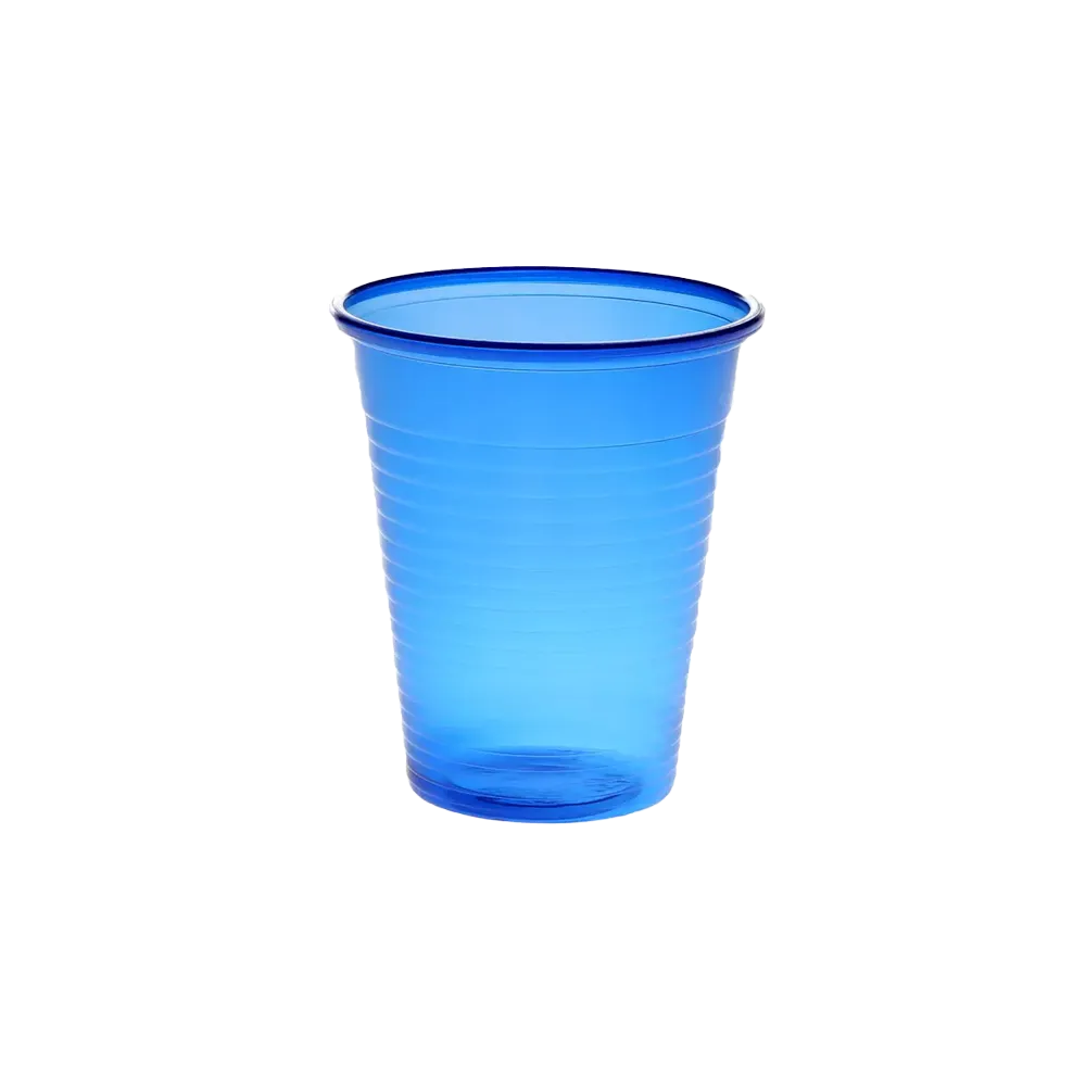 Dunkelblauer Kunststoff-Mundspülbecher, 180 ml Volumen.