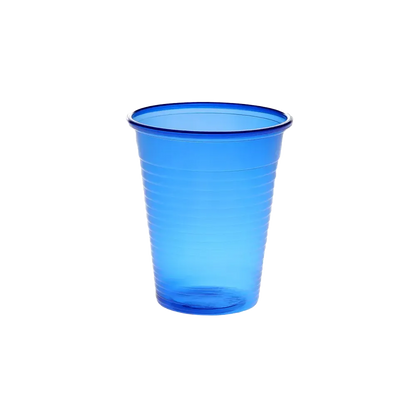Dunkelblauer Kunststoff-Mundspülbecher, 180 ml Volumen.