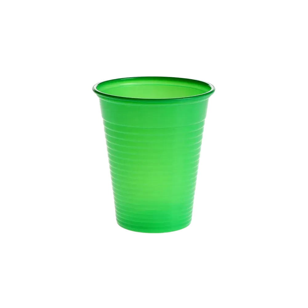 Frisch-grüner Mundspülbecher aus Kunststoff, 180 ml Volumen.