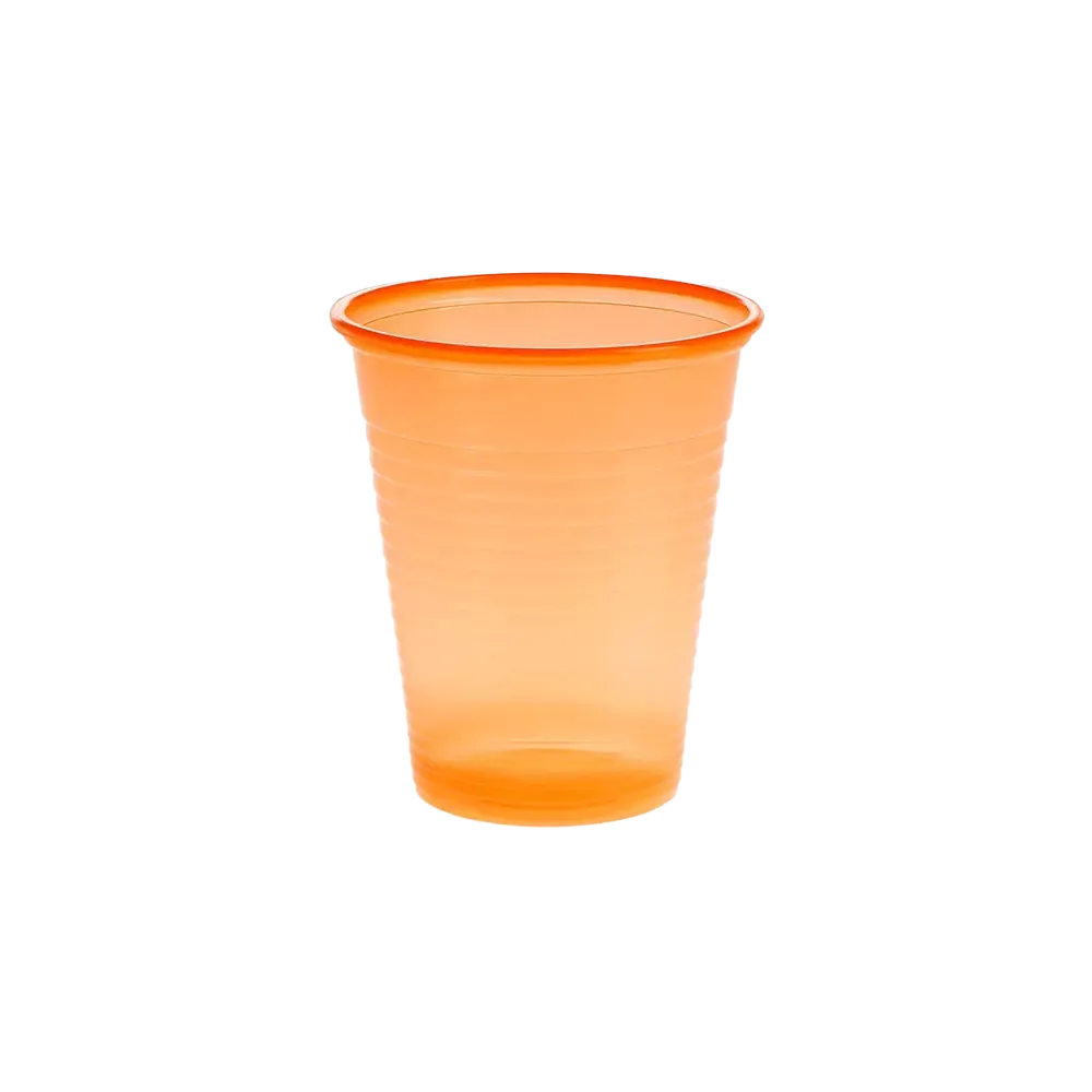 Oranger Mundspülbecher aus Kunststoff, 180 ml Volumen.