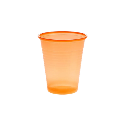 Oranger Mundspülbecher aus Kunststoff, 180 ml Volumen.