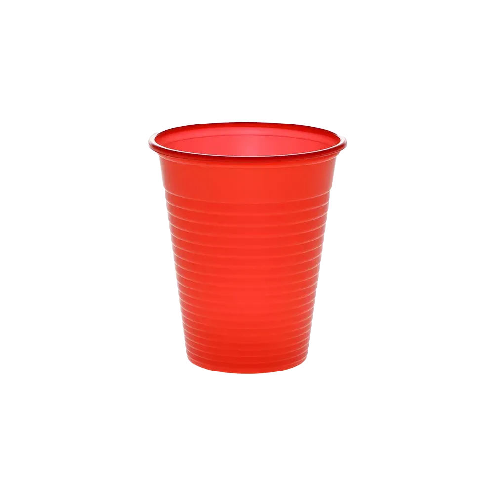 Roter Mundspülbecher aus Kunststoff, 180 ml Volumen.