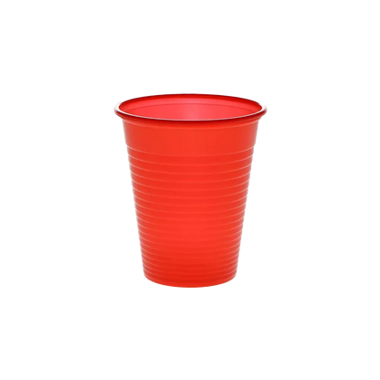 Roter Mundspülbecher aus Kunststoff, 180 ml Volumen.