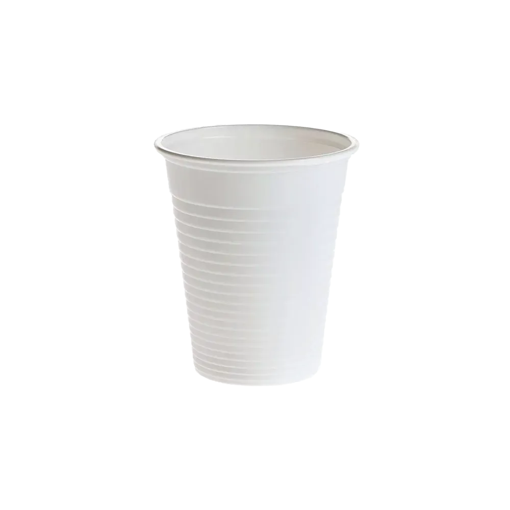 Weißer Mundspülbecher aus umweltfreundlichem Kunststoff, 180 ml Volumen.