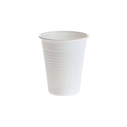 Weißer Mundspülbecher aus umweltfreundlichem Kunststoff, 180 ml Volumen.