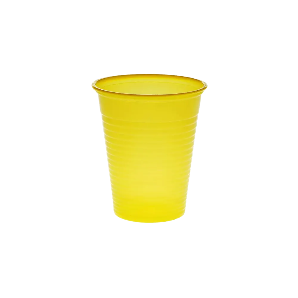 Gelber Mundspülbecher aus Kunststoff, 180 ml Volumen.
