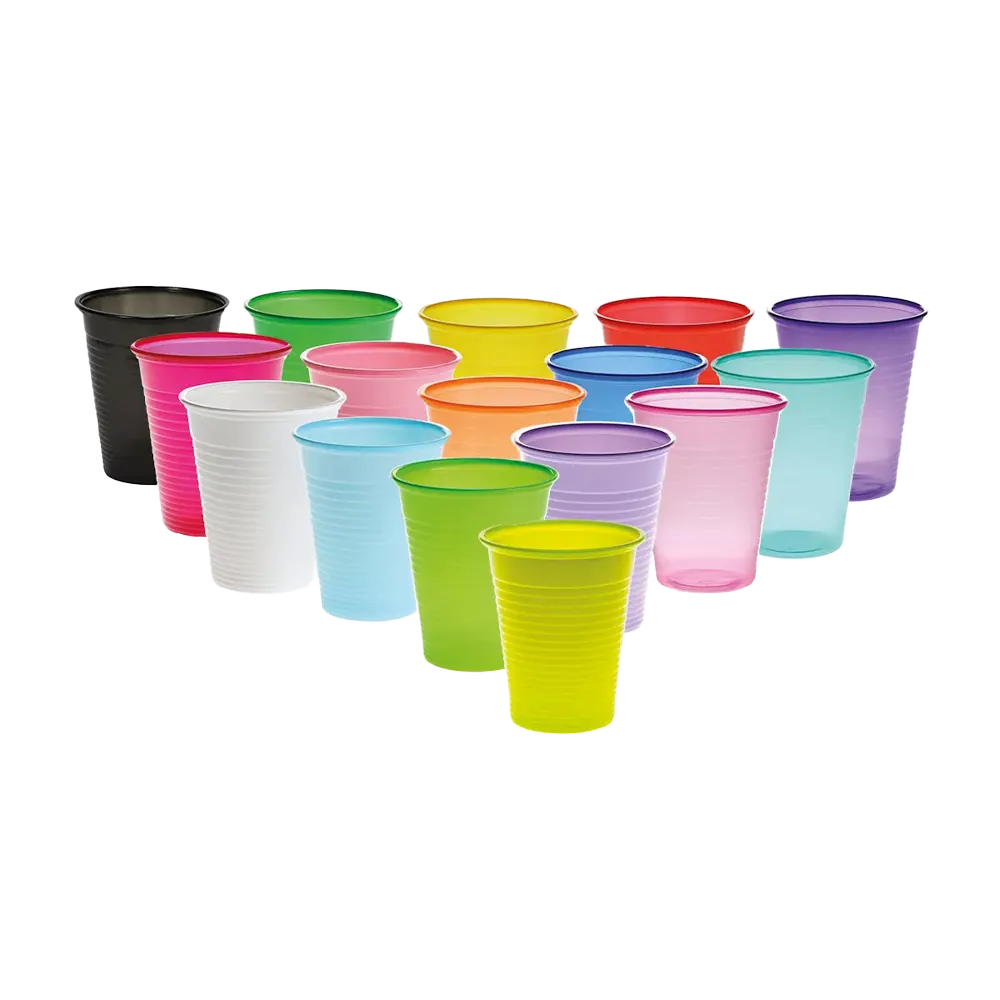 Verschiedene farbige Mundspülbecher aus Kunststoff, 180 ml, nebeneinander angeordnet.