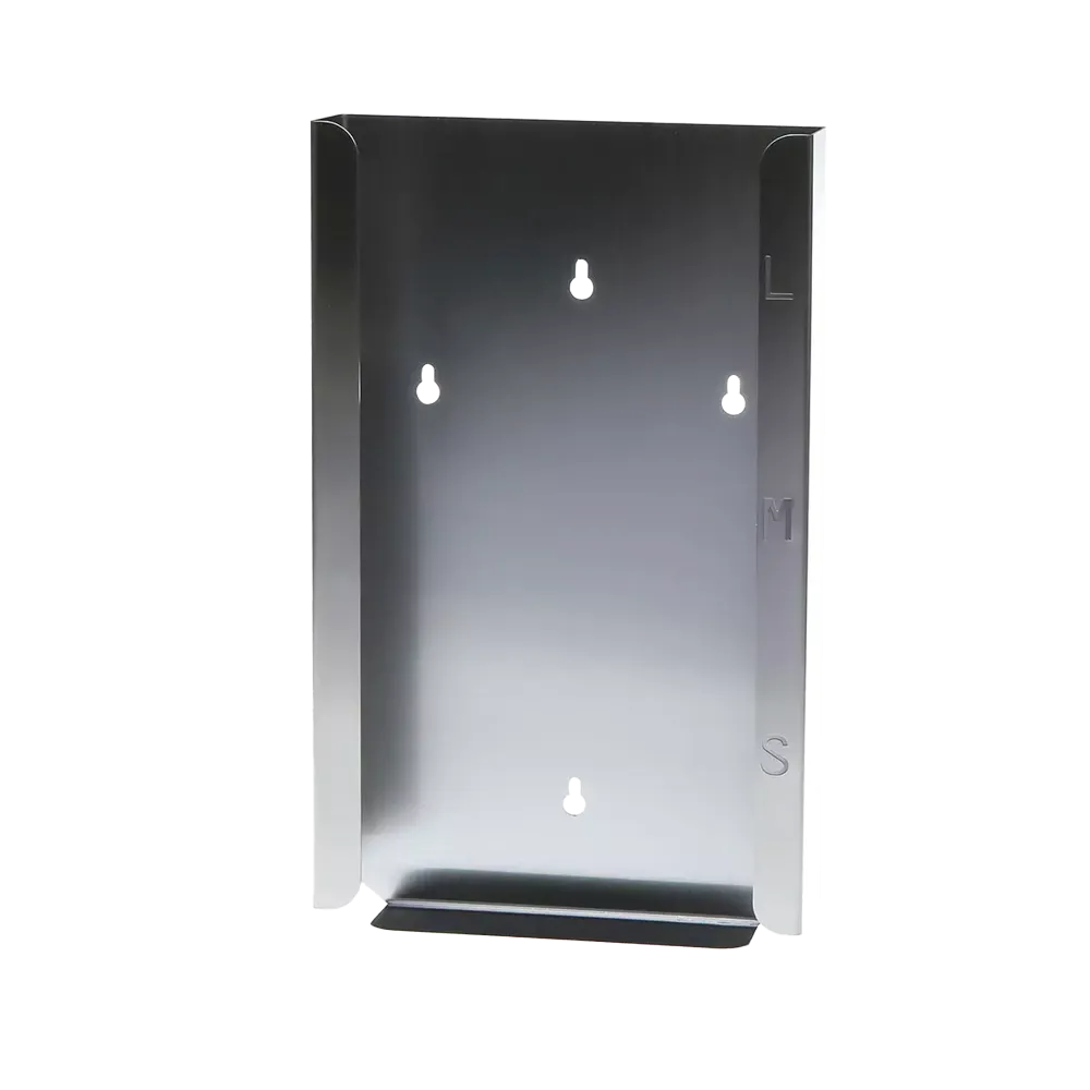 Edelstahl-Handschuh-Dispenserhalter mit eingestanzten Größen S, M, L.