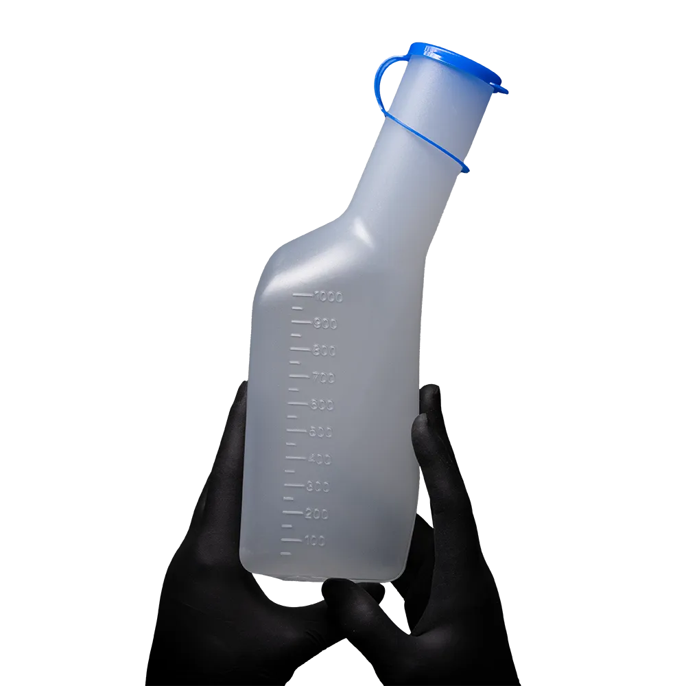 Hochwertige, transparente 1-Liter-Urinflasche für Männer mit blauem Deckel.