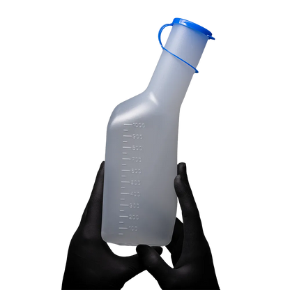 Hochwertige, transparente 1-Liter-Urinflasche für Männer mit blauem Deckel.