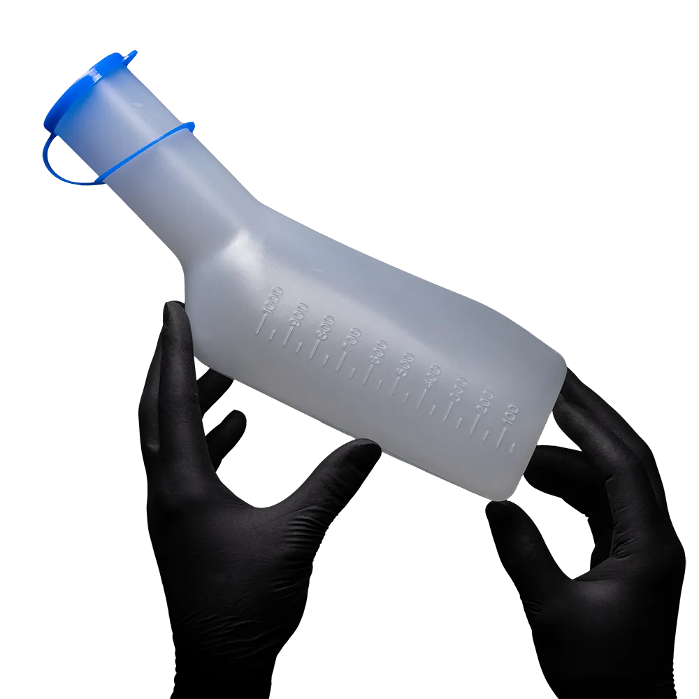 Transparente 1-Liter-Urinflasche mit weißem PE-Deckel für Männer.