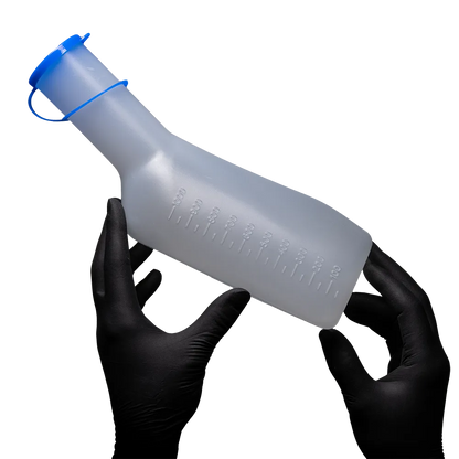 Transparente 1-Liter-Urinflasche mit weißem PE-Deckel für Männer.