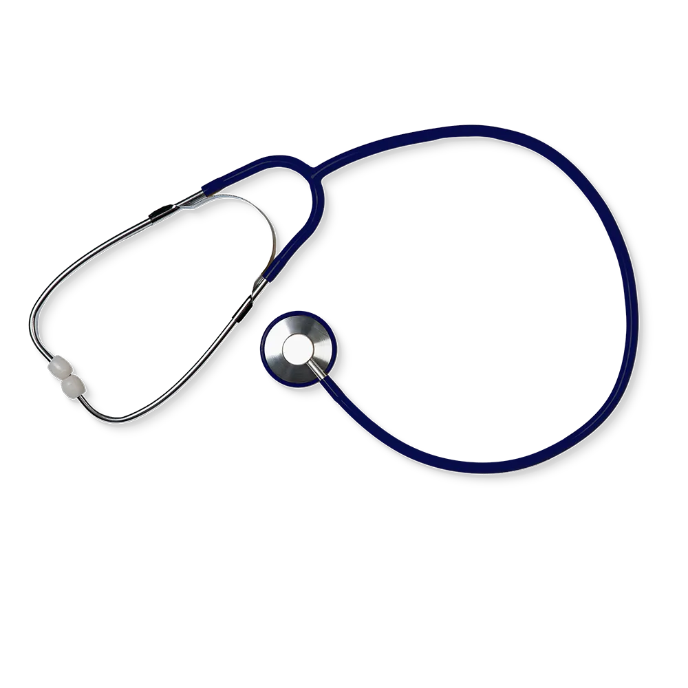 Blaues Schwestern-Stethoskop mit Aluminiumkopf auf weißem Hintergrund.