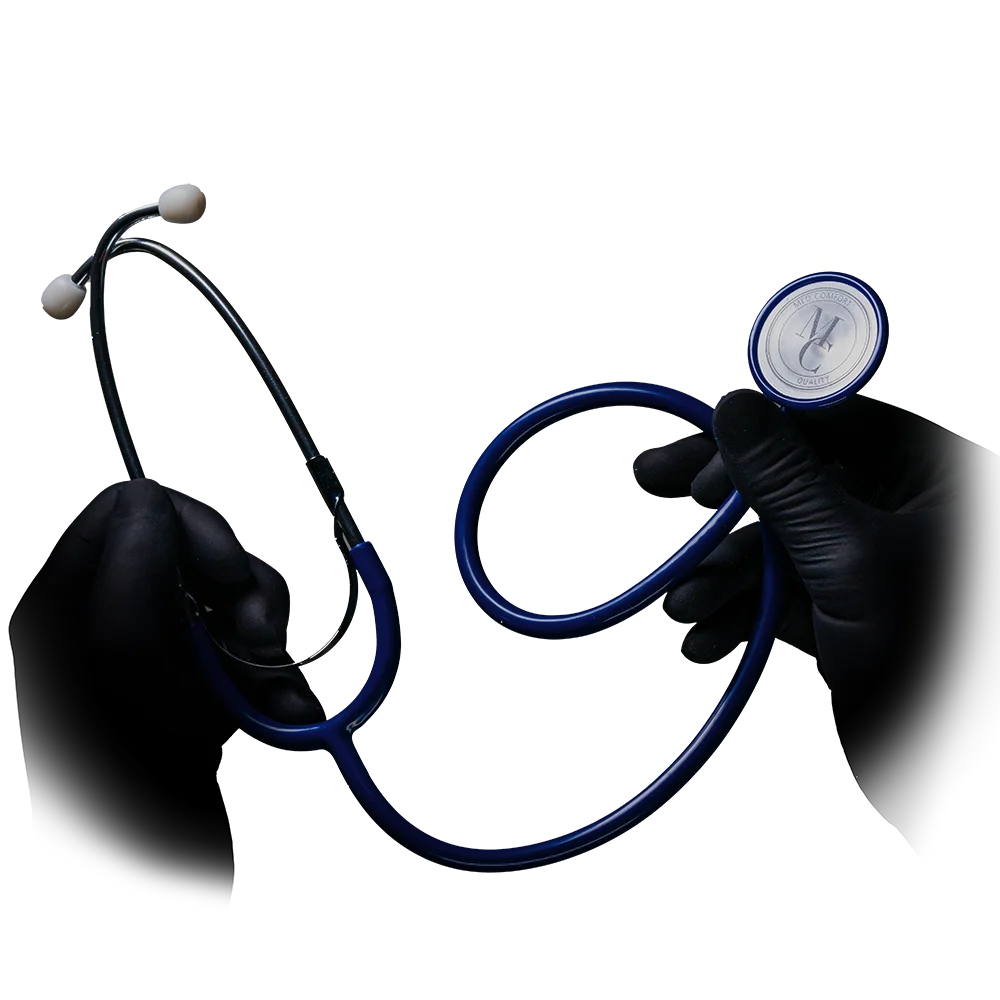 Rotes Schwestern-Stethoskop mit Aluminiumkopf und schwarzem Schlauch auf schwarzem Hintergrund.