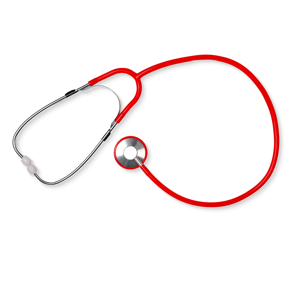 Rotes Schwestern-Stethoskop mit Aluminiumkopf auf schwarzem Hintergrund.