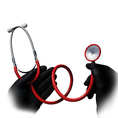 Rotes Schwestern-Stethoskop mit Aluminiumkopf, gehalten von schwarzen Handschuhen.
