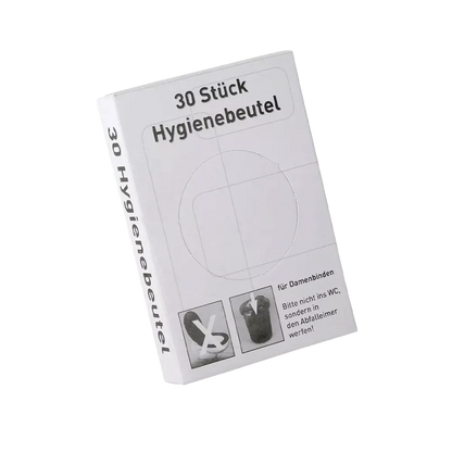 30 Stück Hygienebeutel-Verpackung mit Grafik und Entsorgungshinweis.