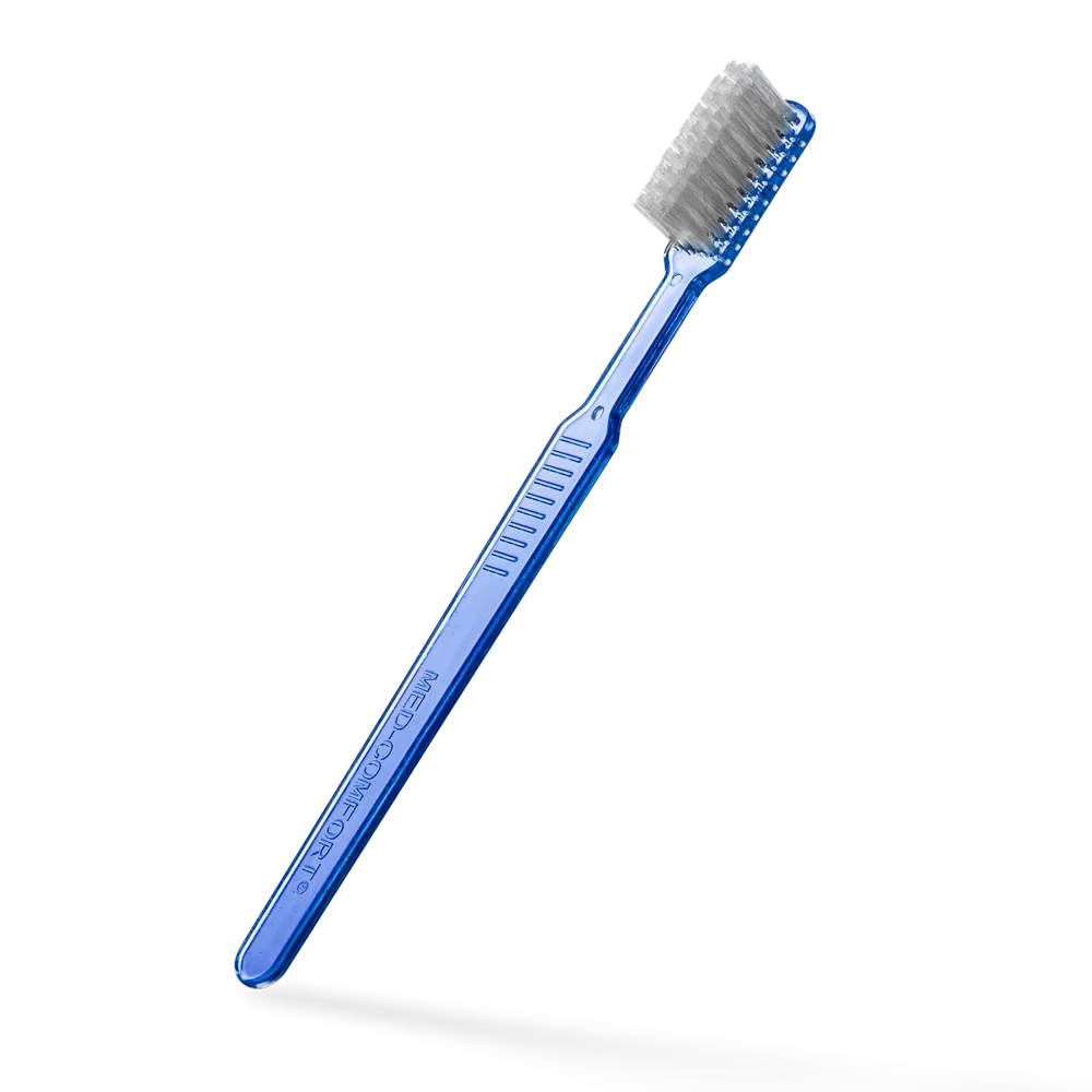 Einwegzahnbürste mit Zahnpasta, blau, aus Polystyrol, ca. 15 cm lang.