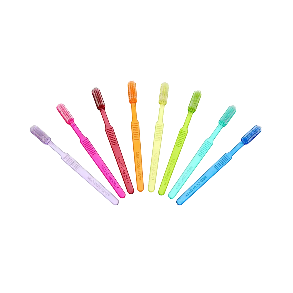 Einwegzahnbürsten in verschiedenen Farben mit integrierter Zahnpasta, fächerförmig angeordnet.