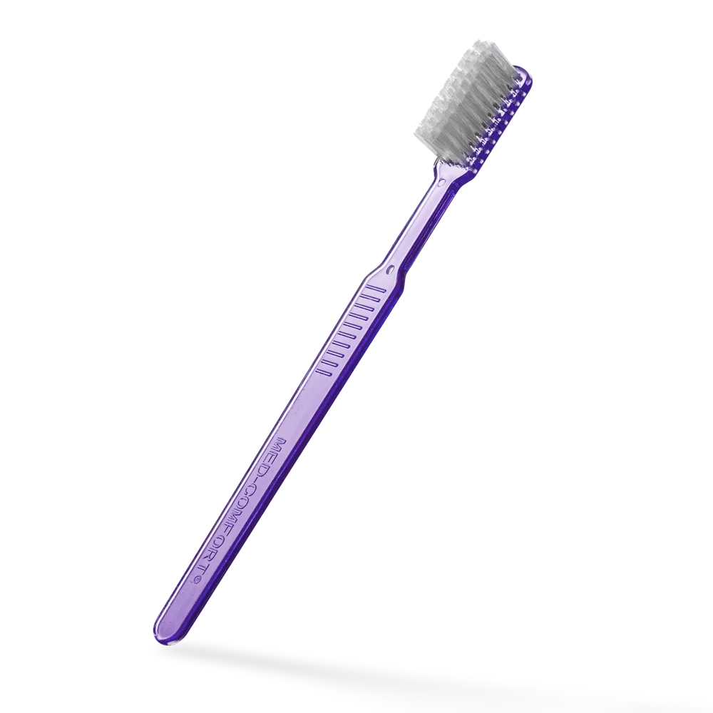 Einmalzahnbürste mit Zahnpasta, lila, aus Polystyrol, ca. 15 cm lang.