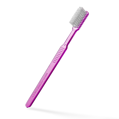 Einmalzahnbürste mit Zahnpasta, rosa, aus Polystyrol, ca. 15 cm lang.