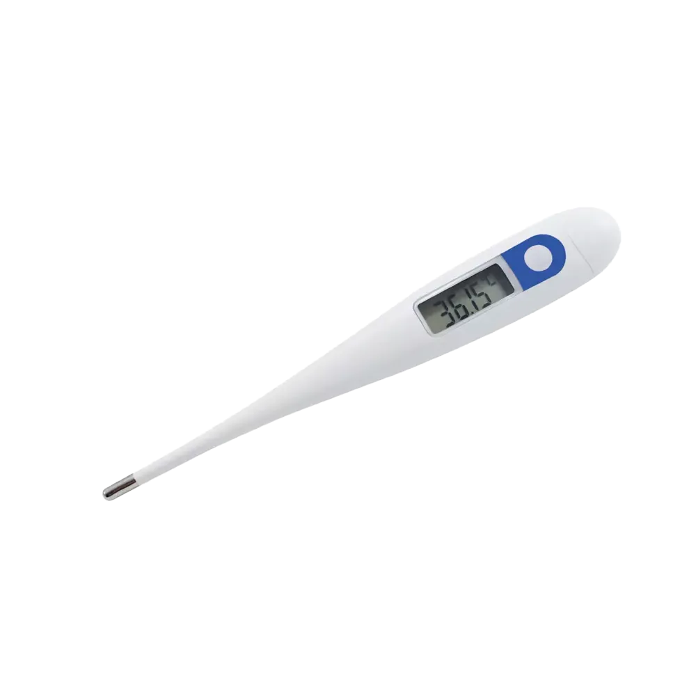 Elektronisches Fieberthermometer mit digitalem Display auf schwarzem Hintergrund.