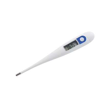 Elektronisches Fieberthermometer mit digitalem Display auf schwarzem Hintergrund.