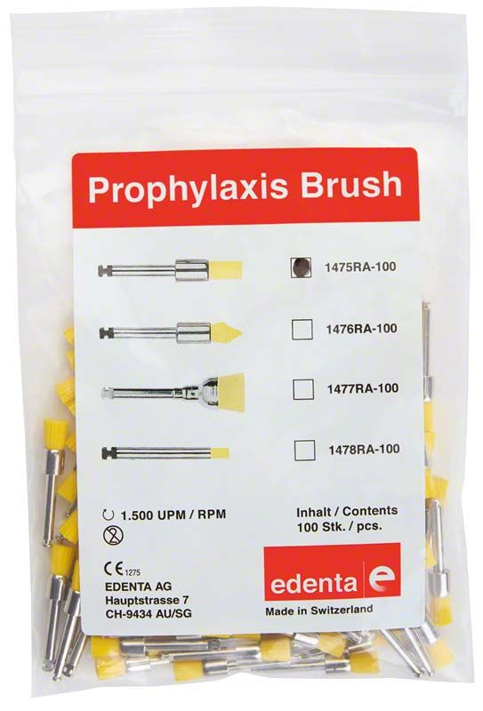 Gelbe Prophylaxe-Nylonbürsten in Zylinderform, große Packung, 100 Stück.