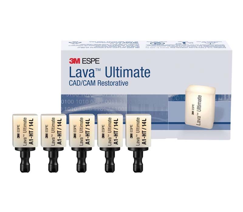 Lava™ Ultimate LT 14L A2 Dentalblocks vor cremefarbener Verpackung mit Aufschrift.