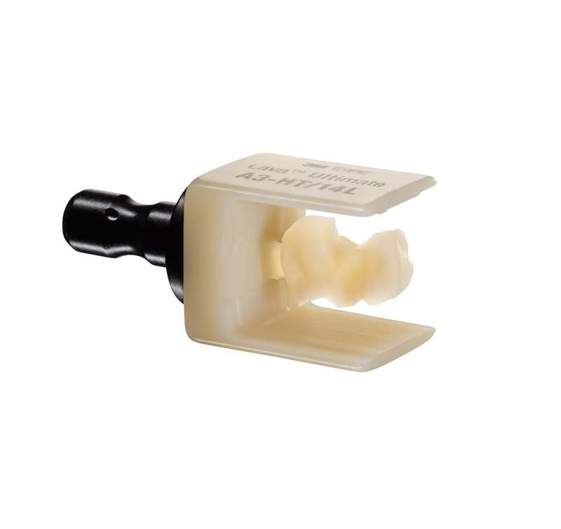 Lava™ Ultimate LT 14L A2 Dentalblock in Nahaufnahme mit Halterung.