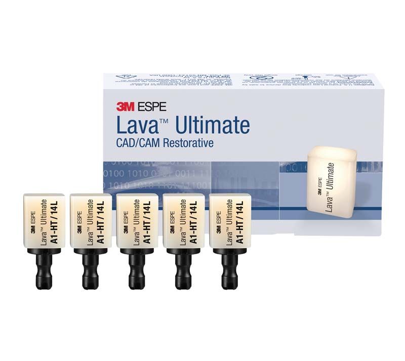 Fünf Lava™ Ultimate LT 14L A3 Blöcke für CAD/CAM-Zahnrestaurationen vor Verpackung.