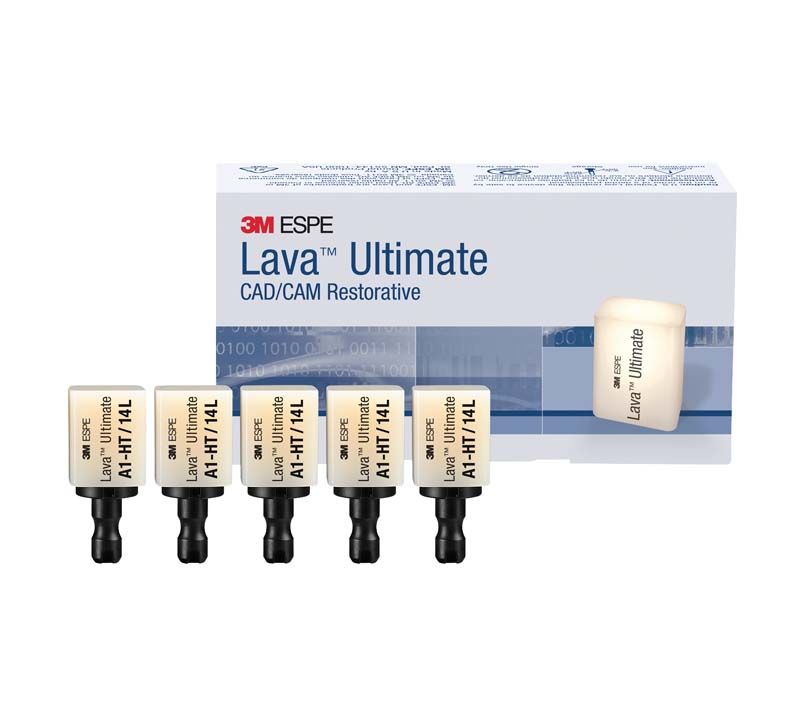 Lava™ Ultimate LT 14L D2 Zahnrestaurationsblöcke in Verpackung und einzeln.