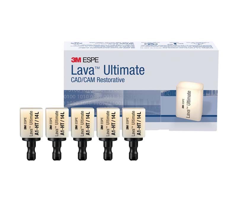 Lava™ Ultimate HT 12 A1 Block mit CAD/CAM Zahnersatzverpackung im Hintergrund.