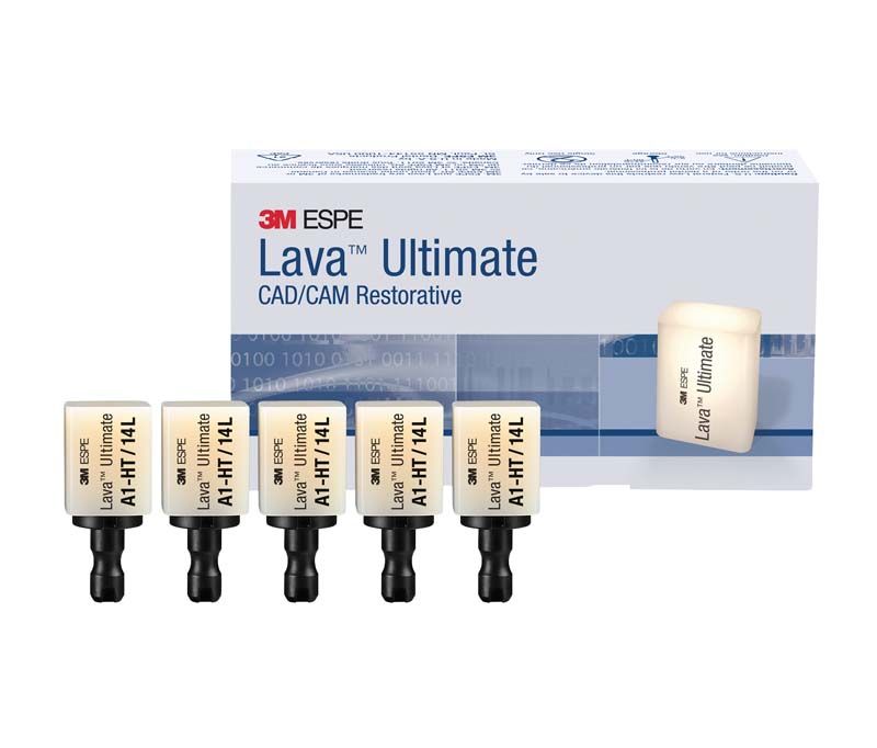 Lava™ Ultimate LT 12 A2 CAD/CAM-Block mit Verpackung im Hintergrund.