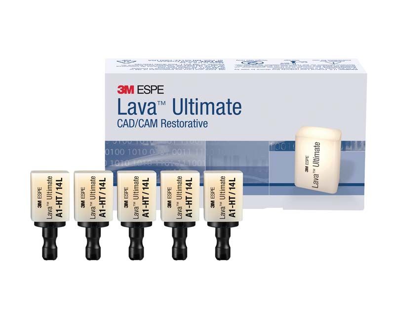 Lava™ Ultimate LT 12 B1 CAD/CAM-Block mit 3M ESPE Verpackung im Hintergrund