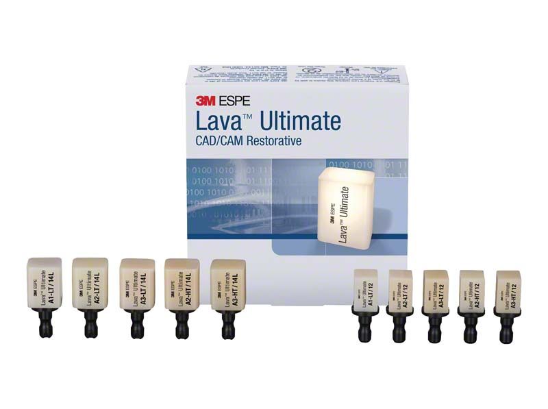 Lava™ Ultimate Trial Kit mit verschiedenen CAD/CAM-Restaurationsblöcken.