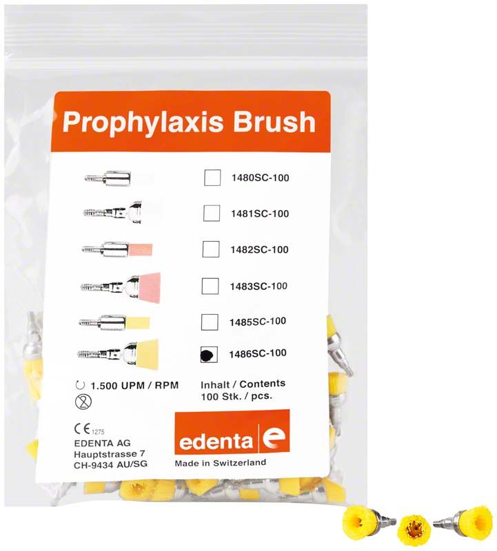 Prophylaxebürste Screw-In 1486 in gelber Farbe, Spitze, Zahnarztbedarf.